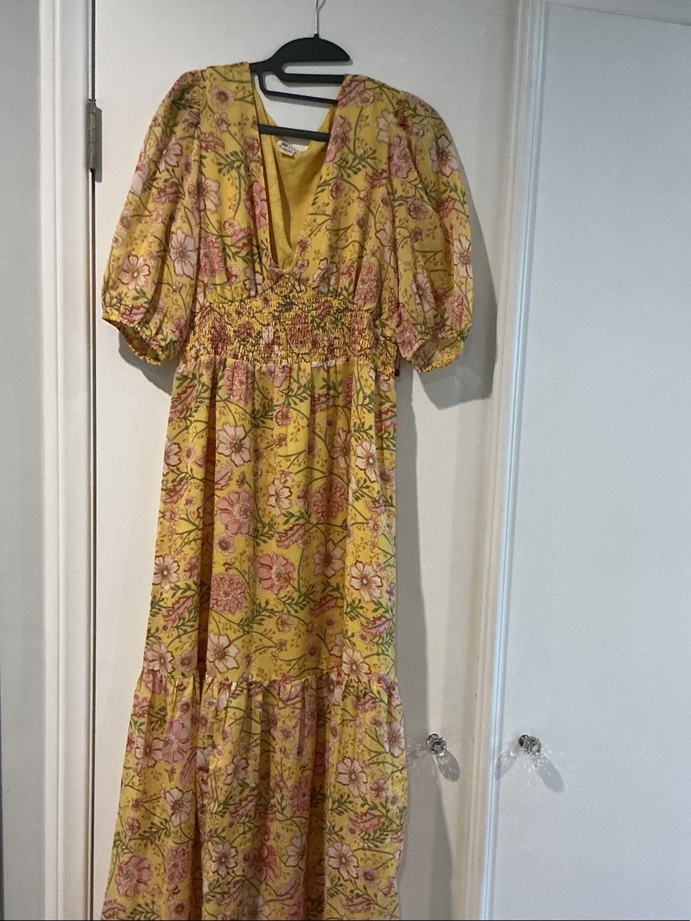 Billabong Yellow Floral V-Neck Smocked Maxi Dress